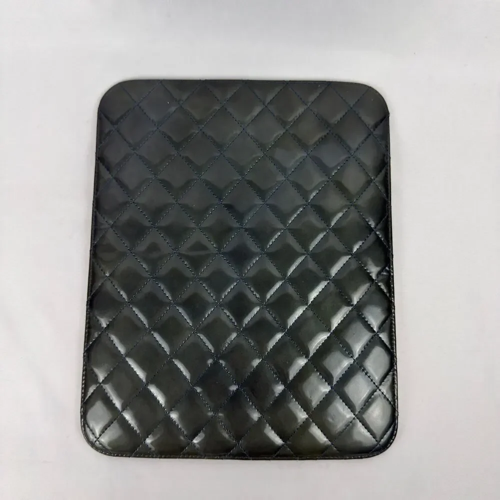 Chanel Quilted Patent Leather iPad Tablet Case Green Silver CC Logo Pouch